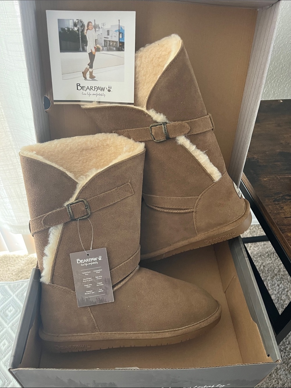 BearPaw Women's Tan Suede Shearling Boots with Buckle
